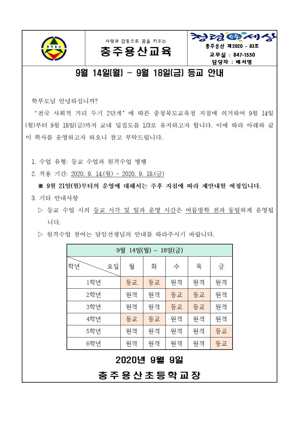 등교 안내 가정통신문(2020.09.14.-2020.09.18.)