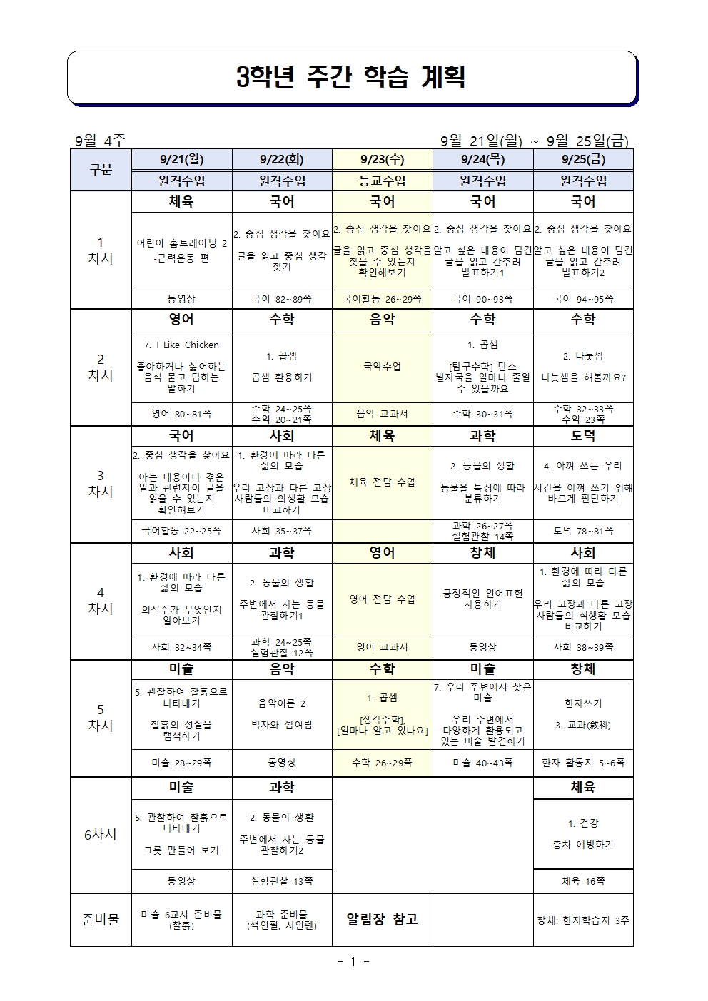 주간 학습 계획 9월21일-9월25일001