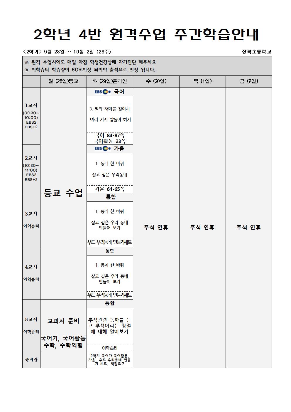 2학년 4반 원격수업 주간학습 9월28일-10월2일(23주)001