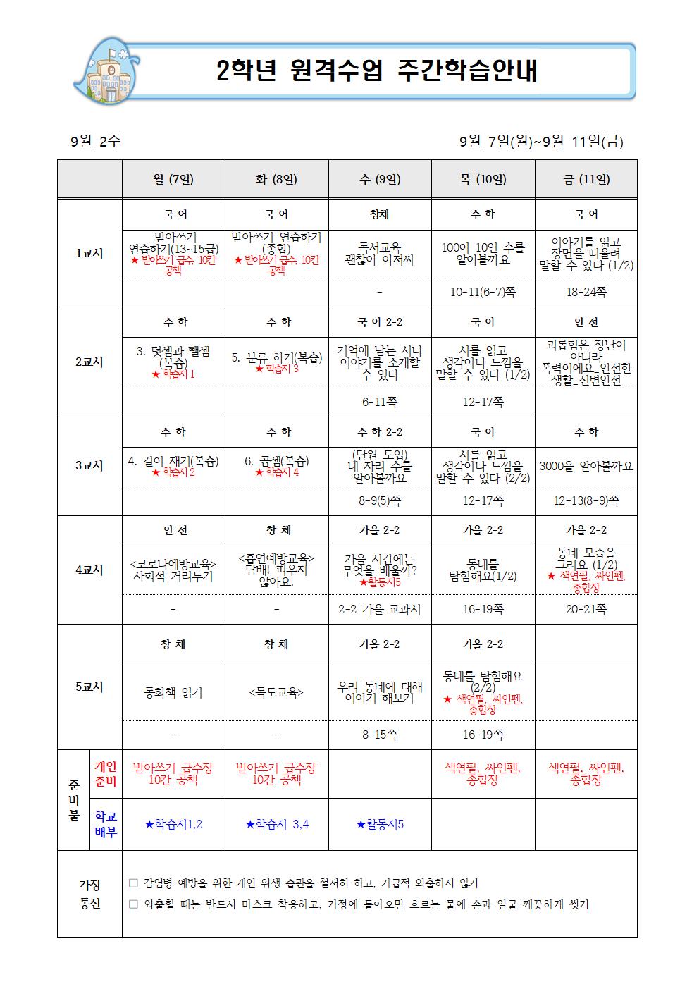 2학년 9월 2주 주간학습안내(1)001