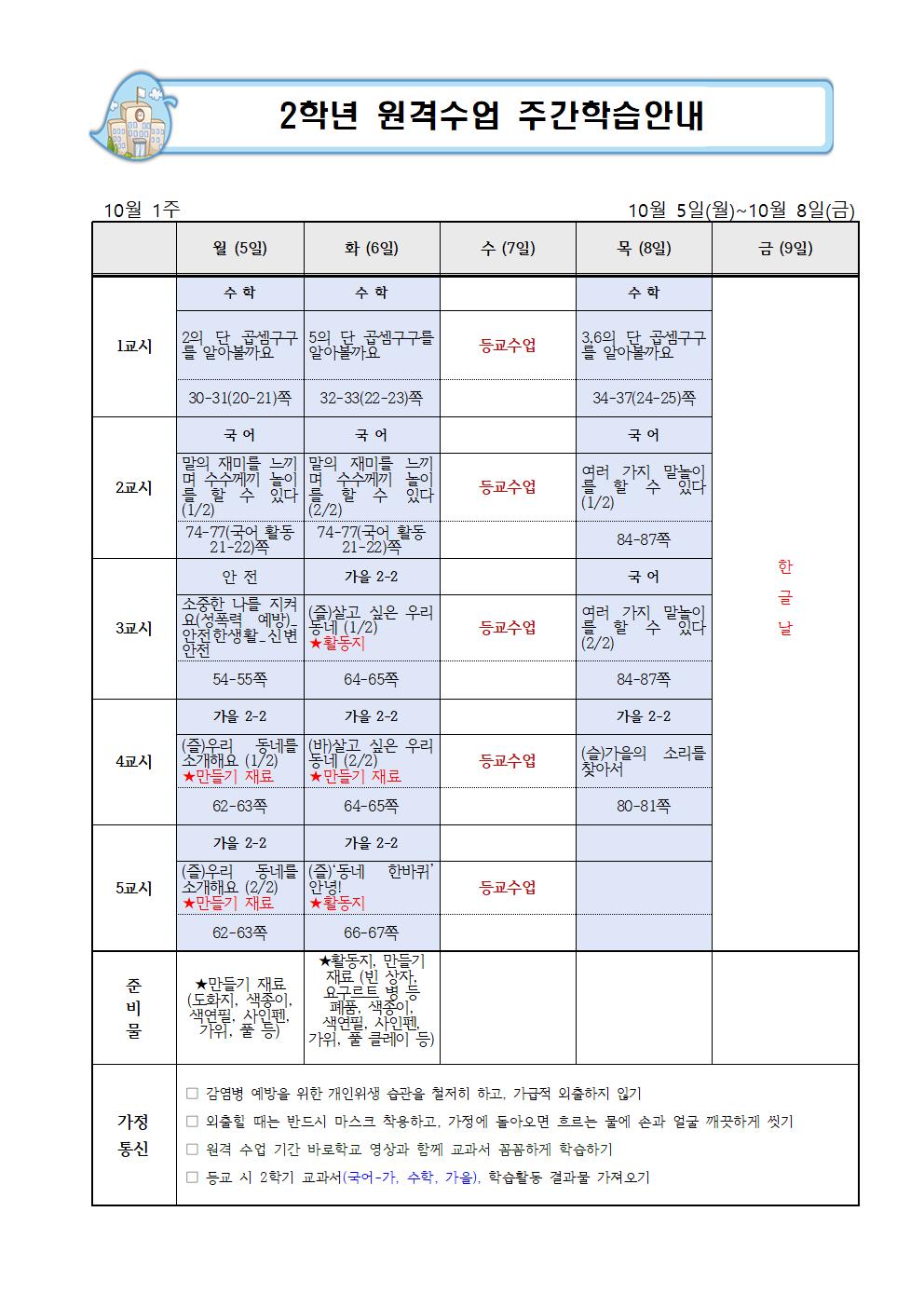 10월 1주 주간학습안내001