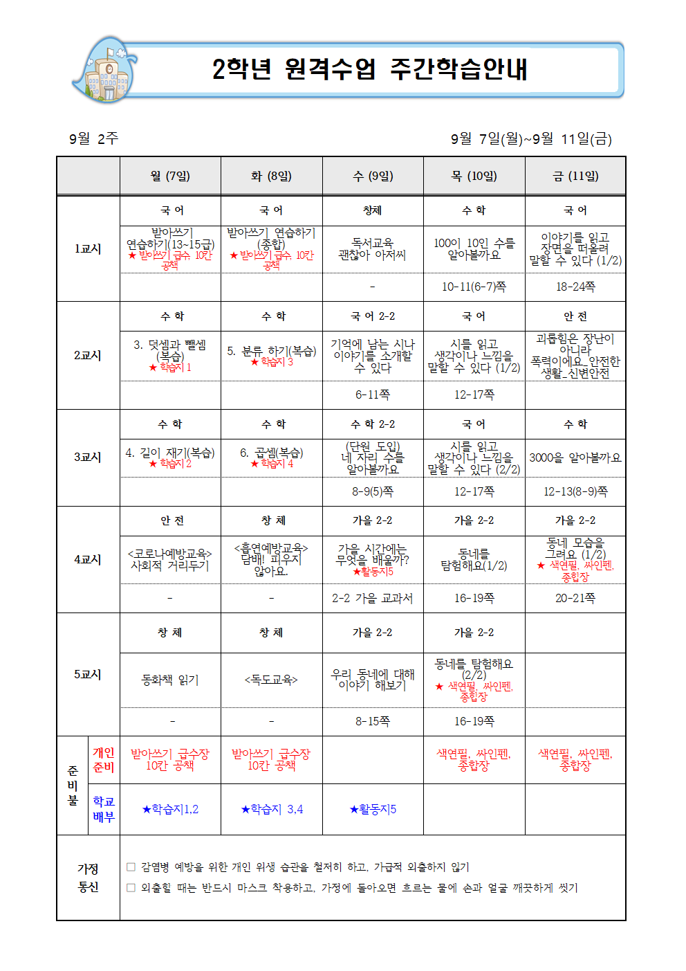 2학년 9월 2주 주간학습안내001