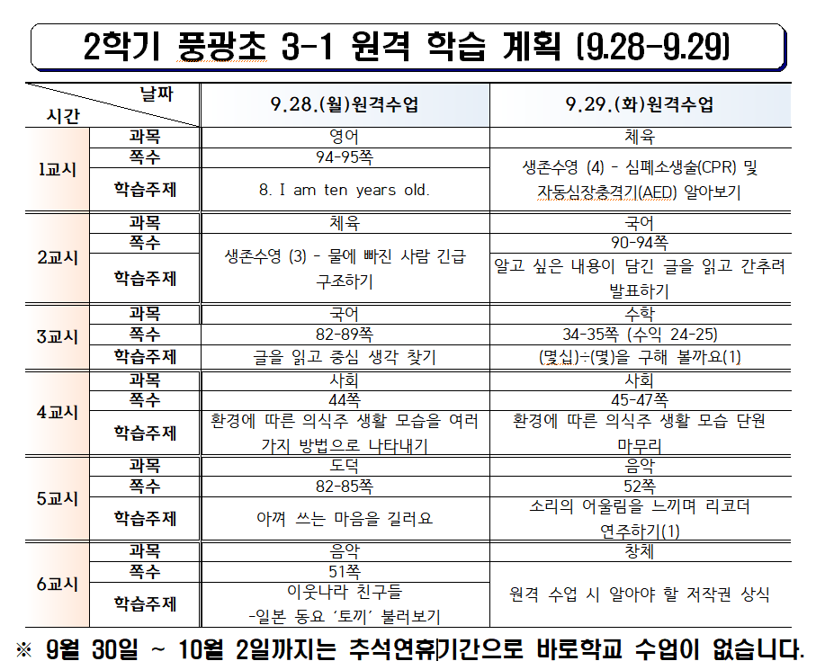 9월 (5주차) 온라인 수업 계획