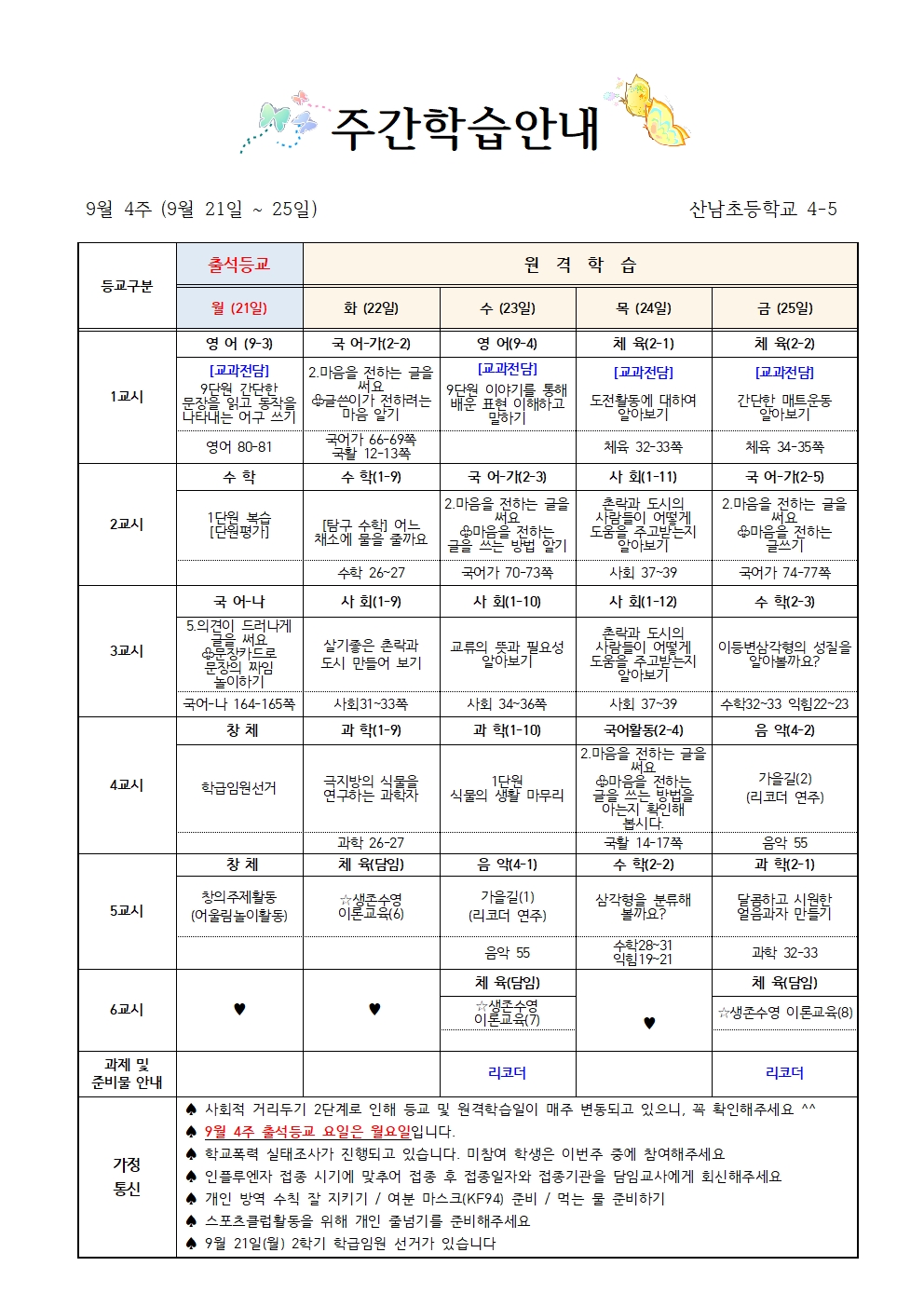 (9월4주)4학년 주간학습 안내(4-5)001