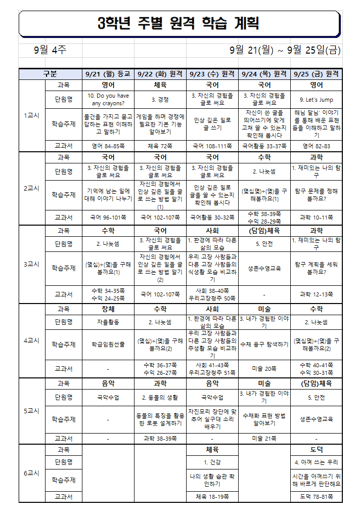 3학년 주간학습안내(9월21-25일)