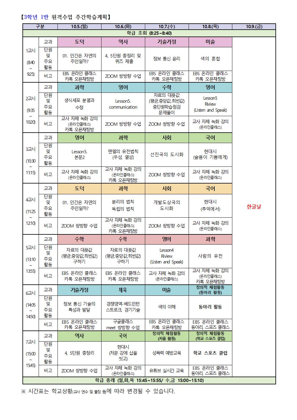 3-1 원격수업 주간학습계획(10.5.-10.8001