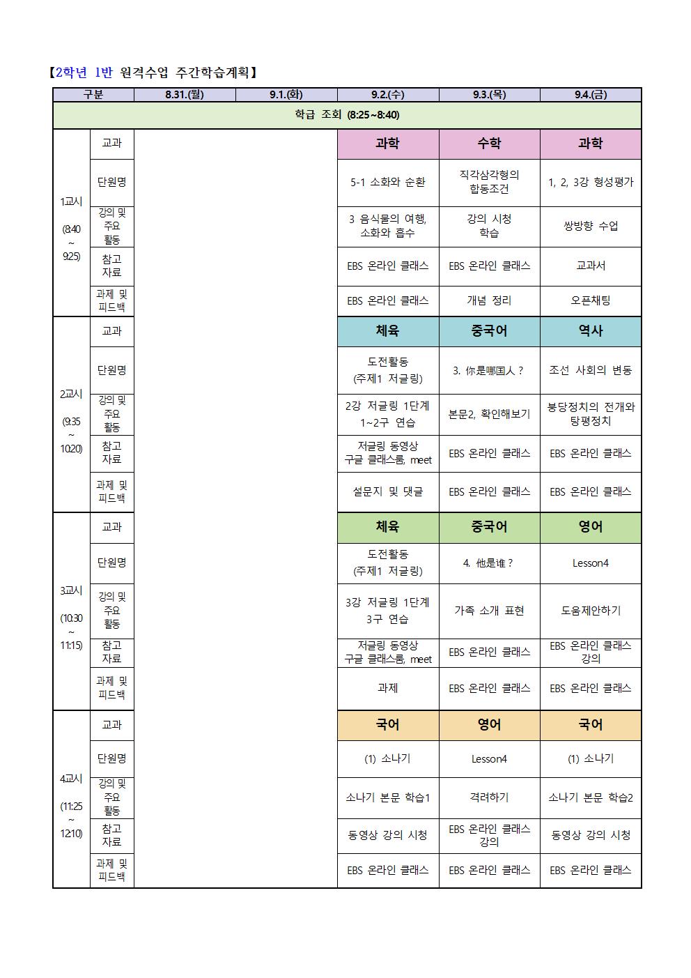 2-1 원격수업 주간학습계획(9.2.-9.4001