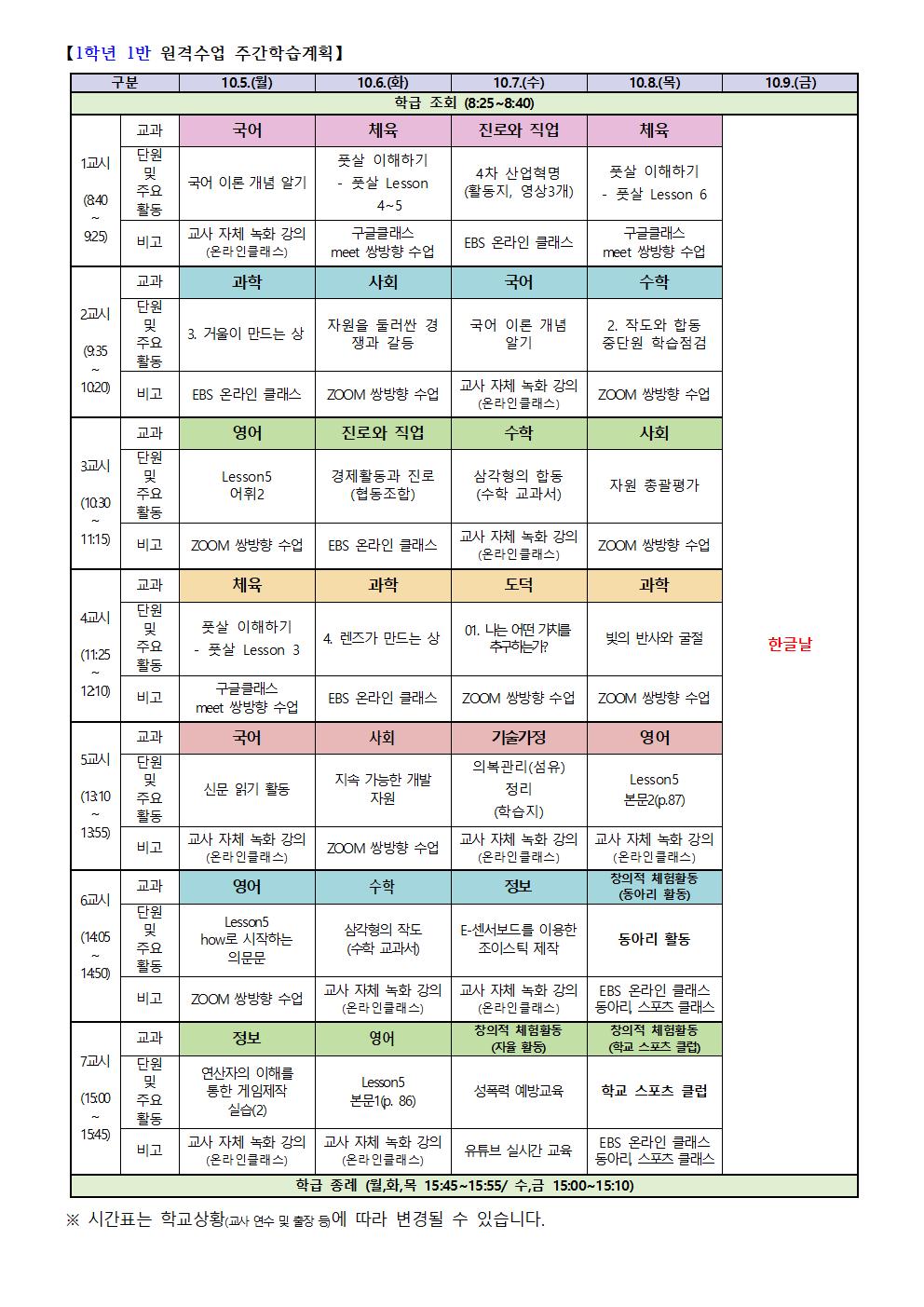 1-1 원격수업 주간학습계획(10.5.-10.8001