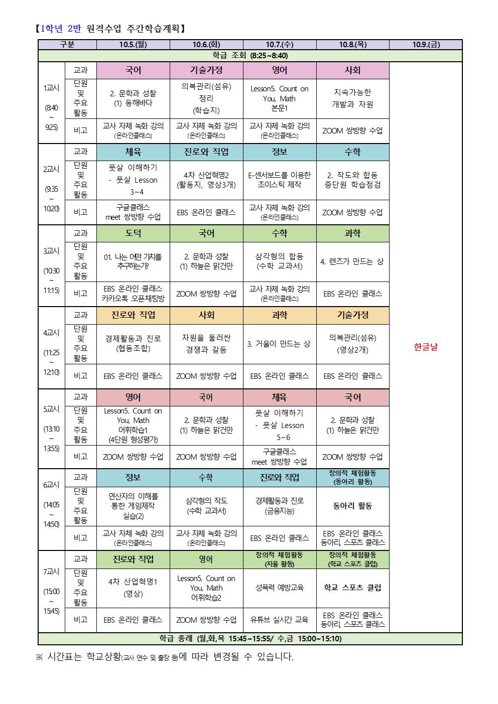 1-2 원격수업 주간학습계획(10.5.-10.8001