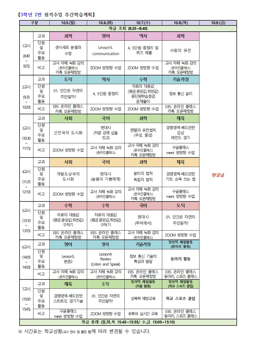 3-2 원격수업 주간학습계획(10.5.-10.8001