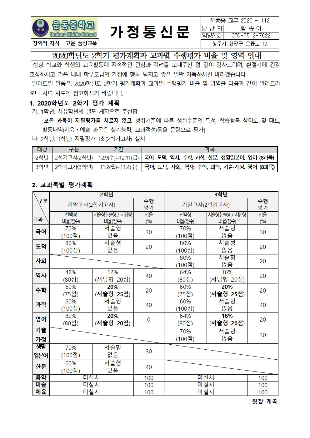 2020. 2학기 평가계획 및 교과별 수행평가 비율 및 영역 안내 가정통신문001