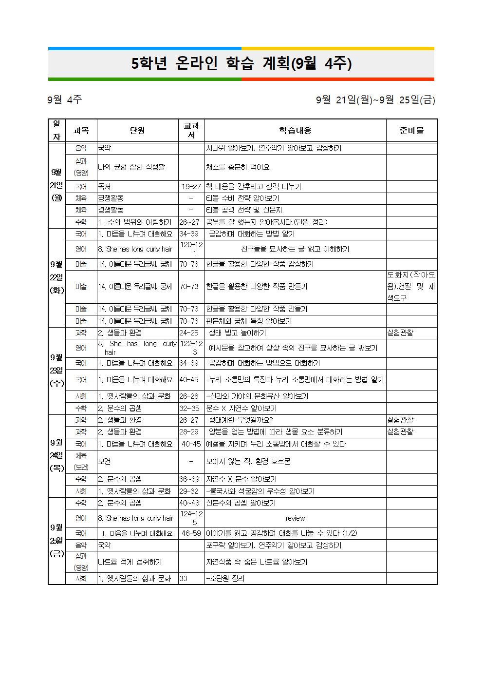 5학년 9월4주 온라인 학습 계획001