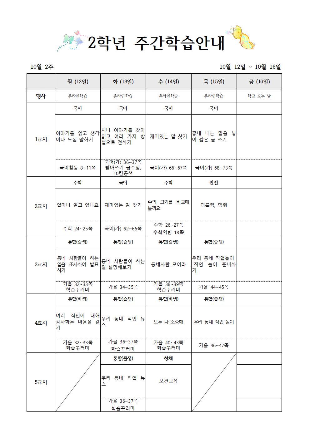 10월12일-10월16일 주간학습계획(2학년)001