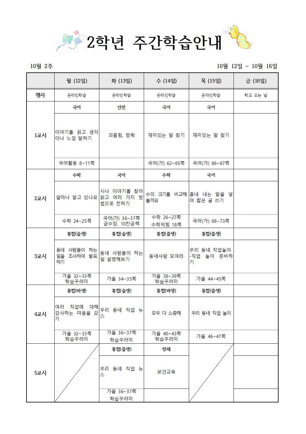 10월12일-10월16일 주간학습계획(2학년)-1001