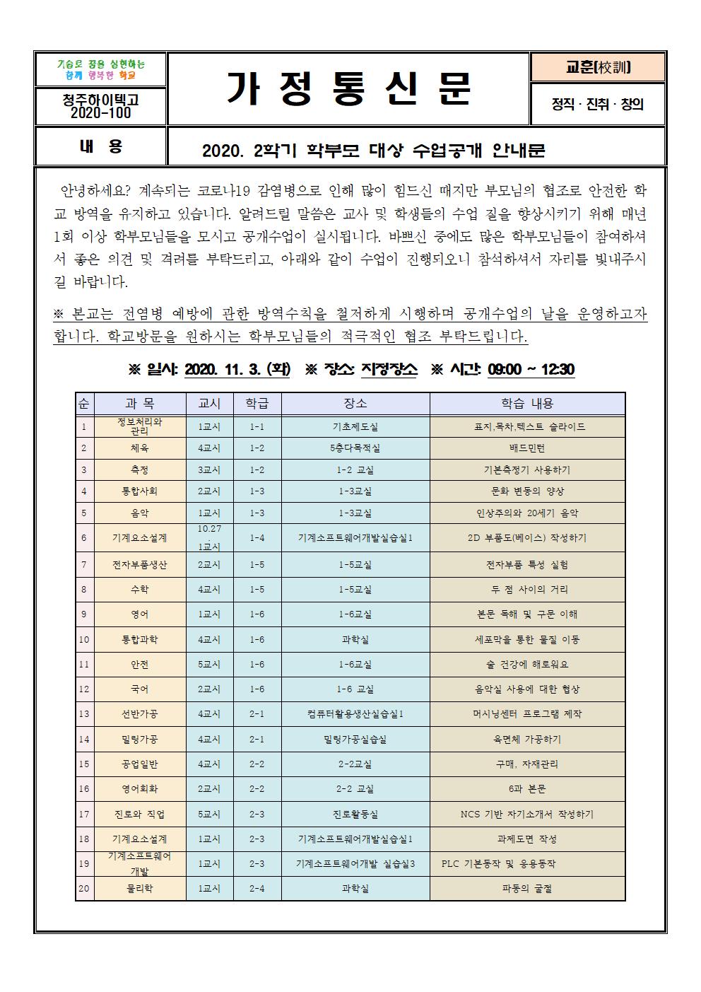 02. 2020. 학부모 대상 수업공개 가정통신문001