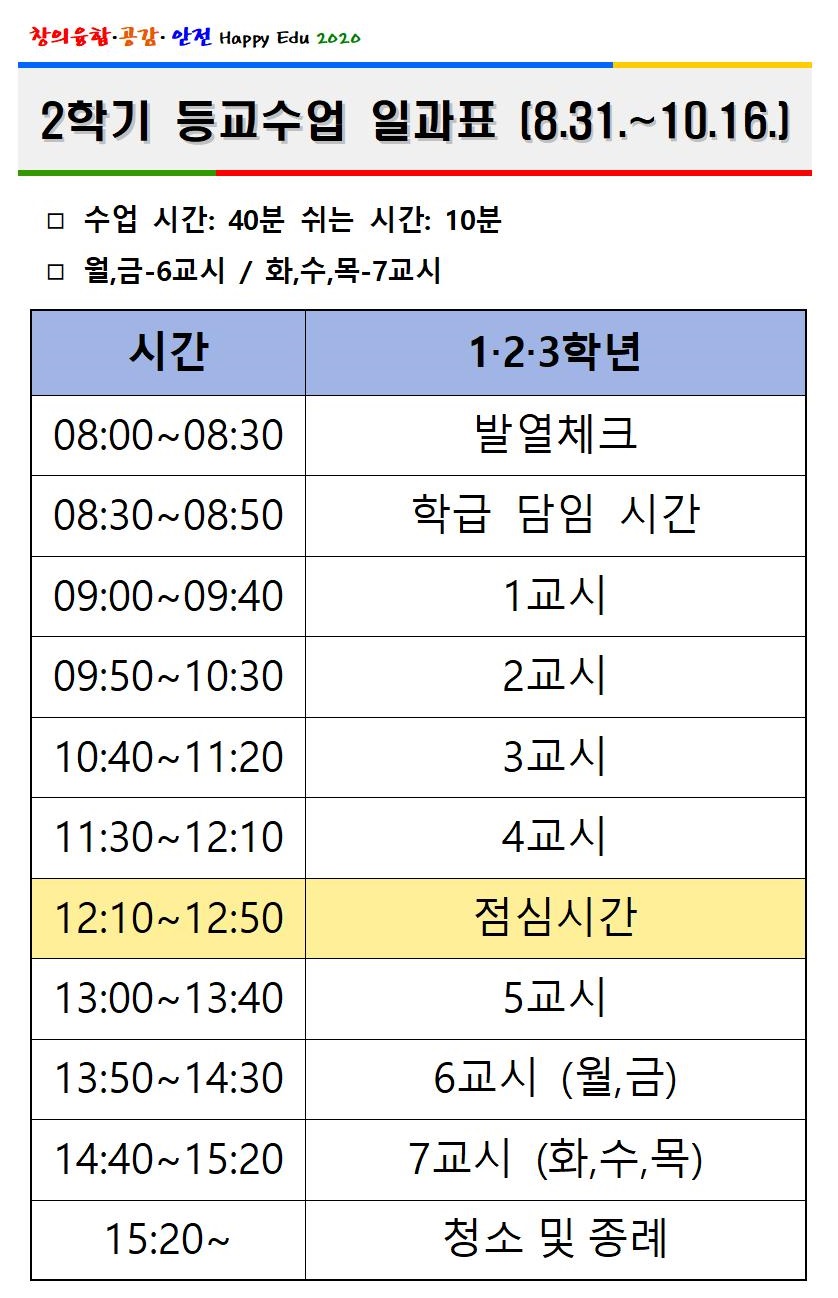 코로나19 대응 2학기 등교수업 일과표(공개용)001