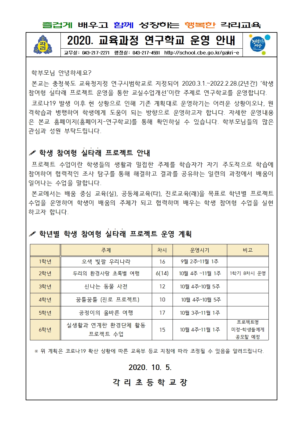 2020. 교육과정 연구학교 운영 안내 가정통신문001