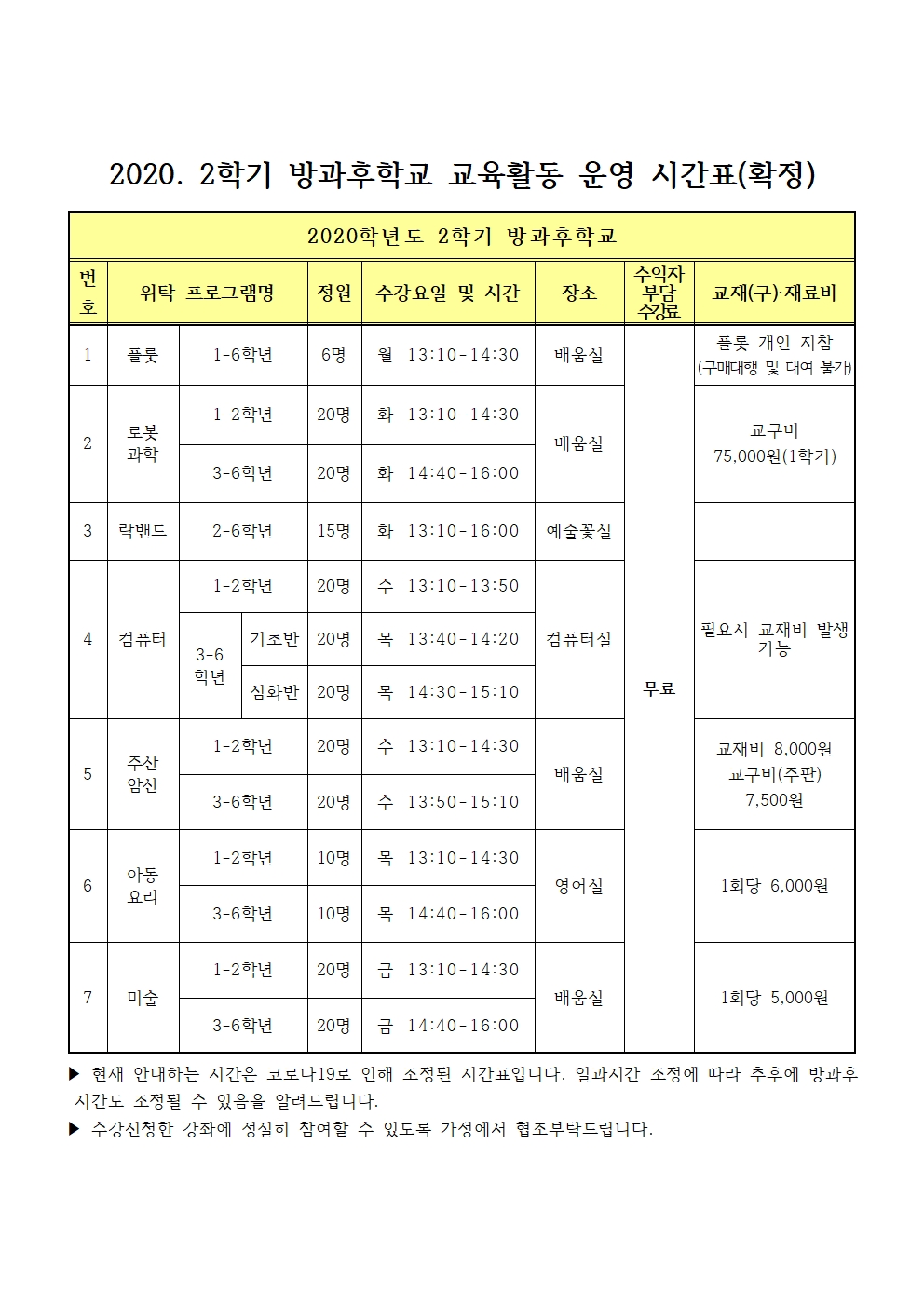 2020. 2학기 방과후학교 시간표(확정)001