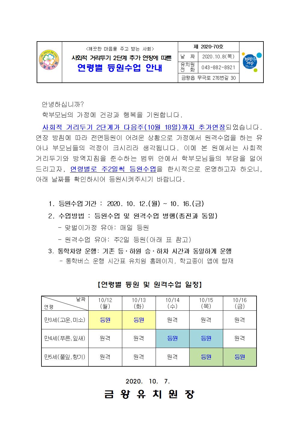 전국 사회적 거리두기 2단계 추가 연장에 따른 연령별 등원수업 안내(가정통신문)001