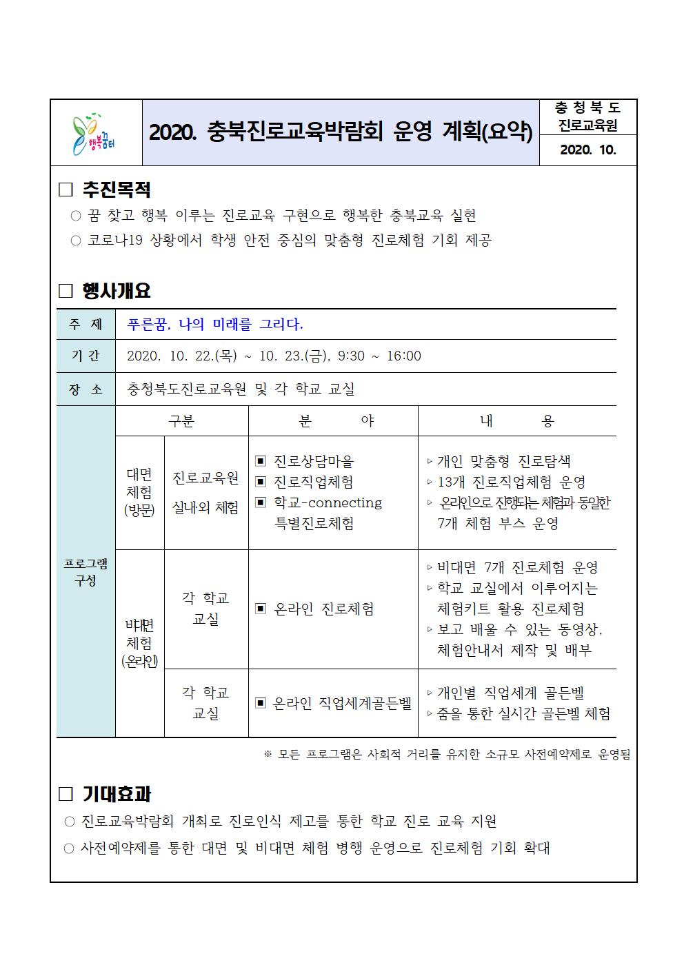 (붙임1) 2020. 충북진로교육박람회 운영 계획(요약)001
