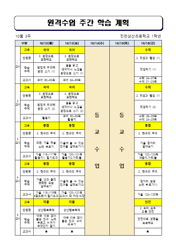 원격수업 주간 학습 계획(10월 3주)