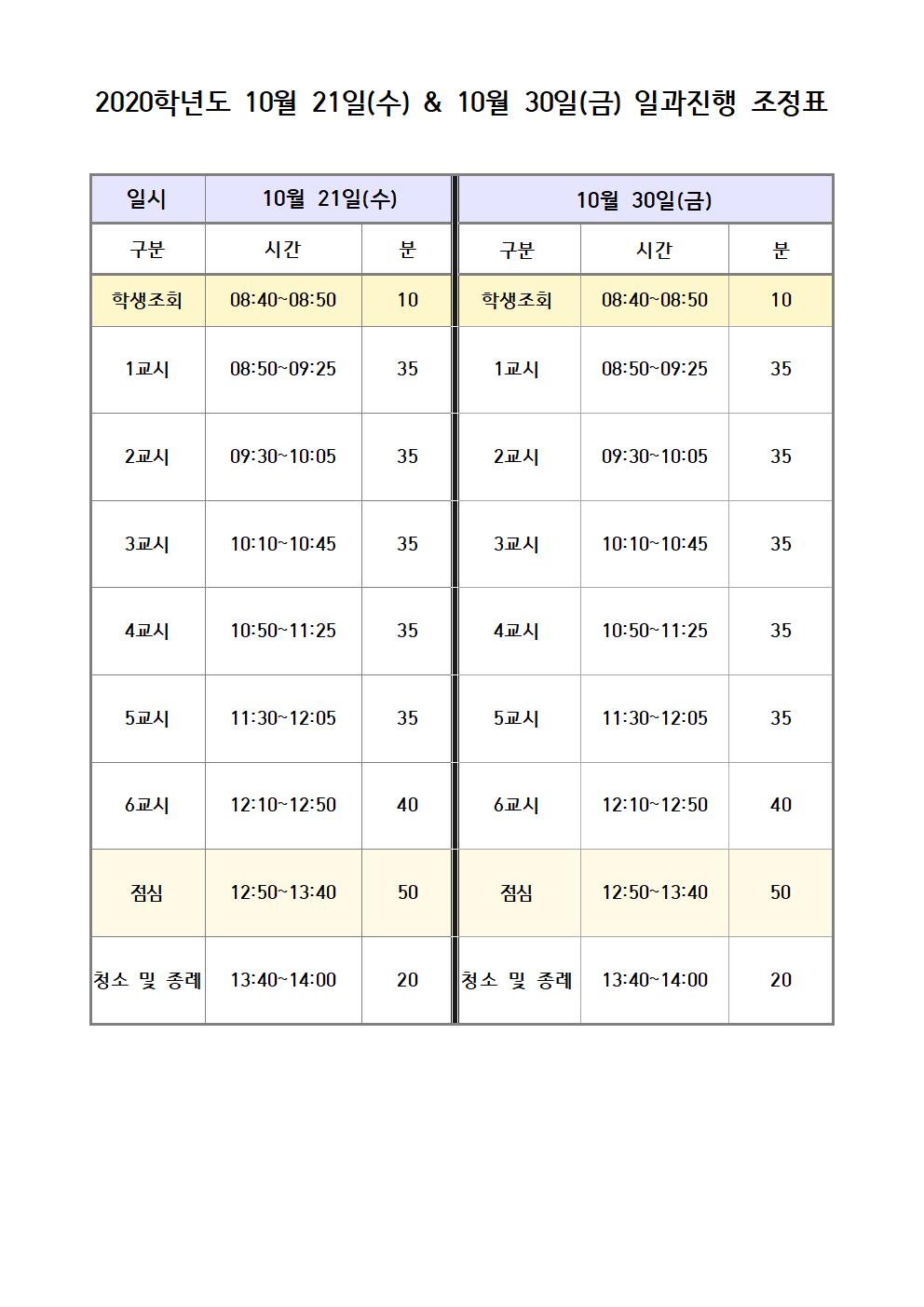 2020학년도 10월 21일(수)&10월 30일(금) 일과진행 조정표001