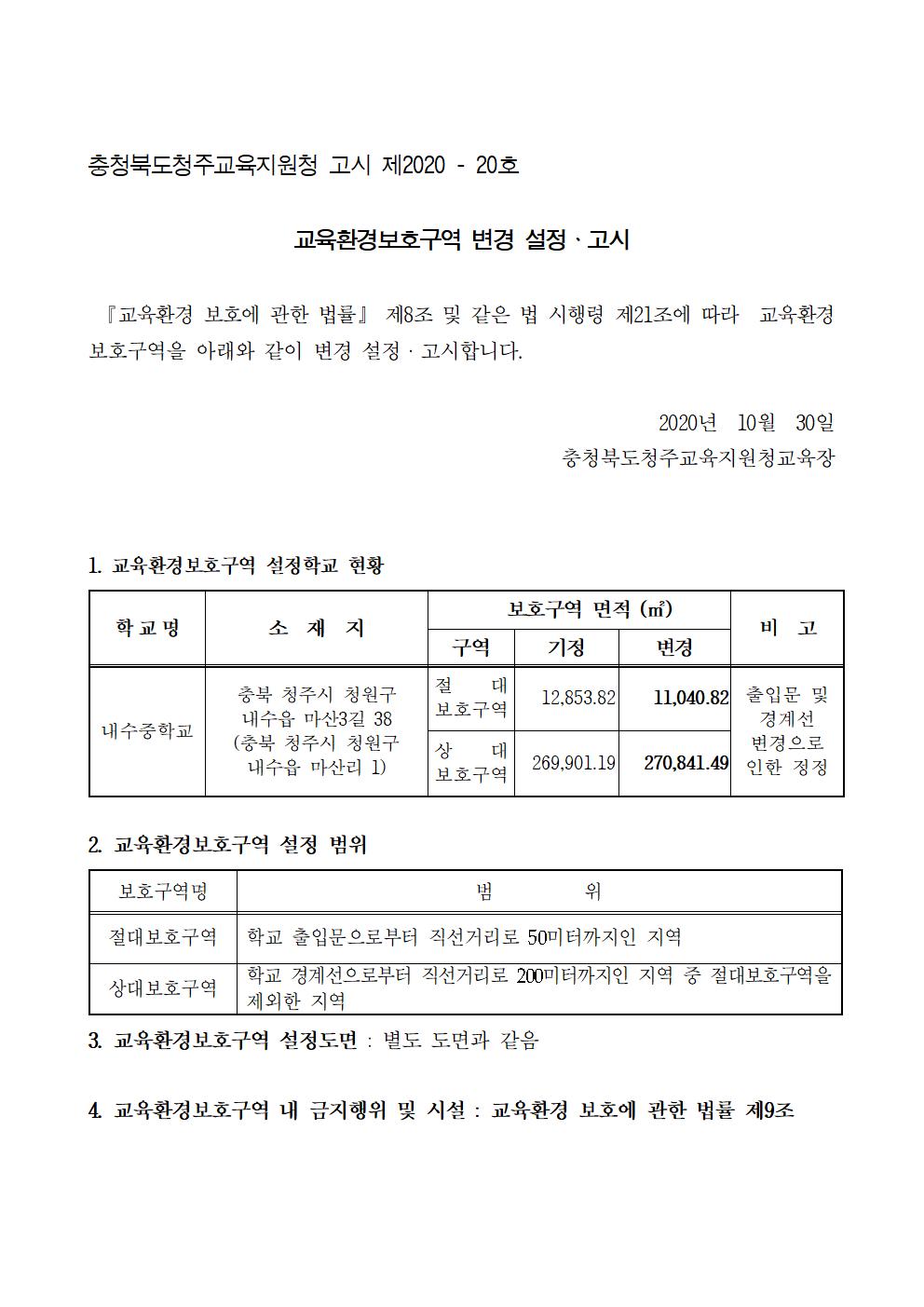 내수중학교 교육환경보호구역 변경 고시001