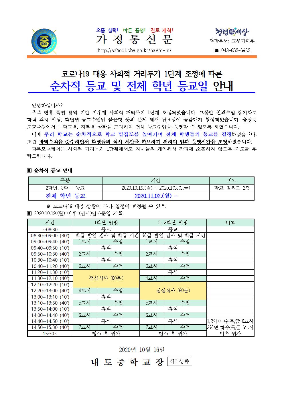 순차적 등교 및 전체 학년 등교일 안내001