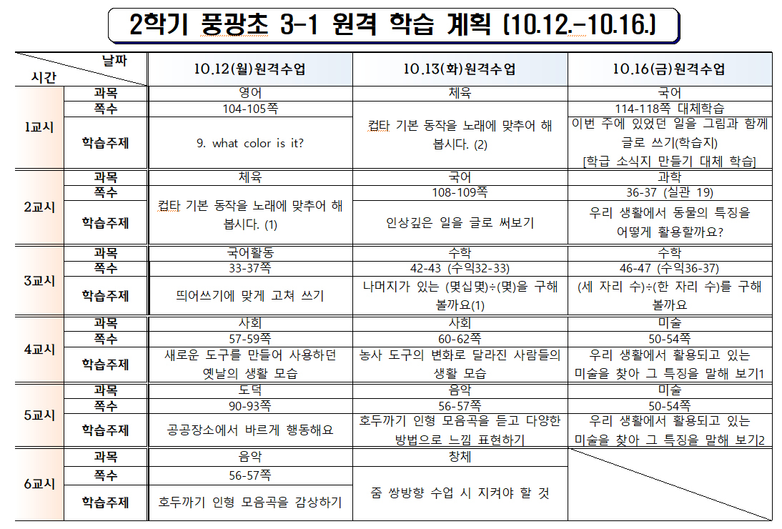10월 3주차 온라인 수업 계획
