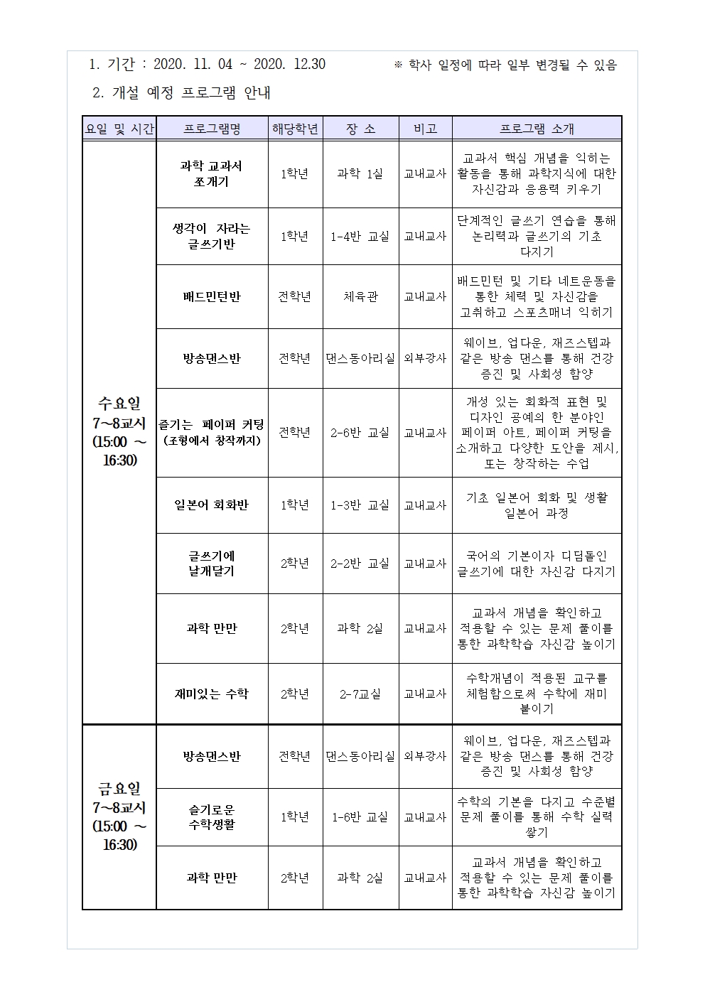 2020. 2학기 방과후 학교 수강 신청서(가정통신문)002