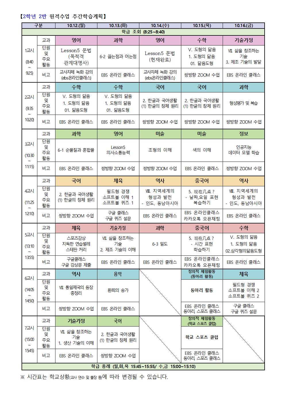 2-2 원격수업 주간학습계획(10.12.-10.16001