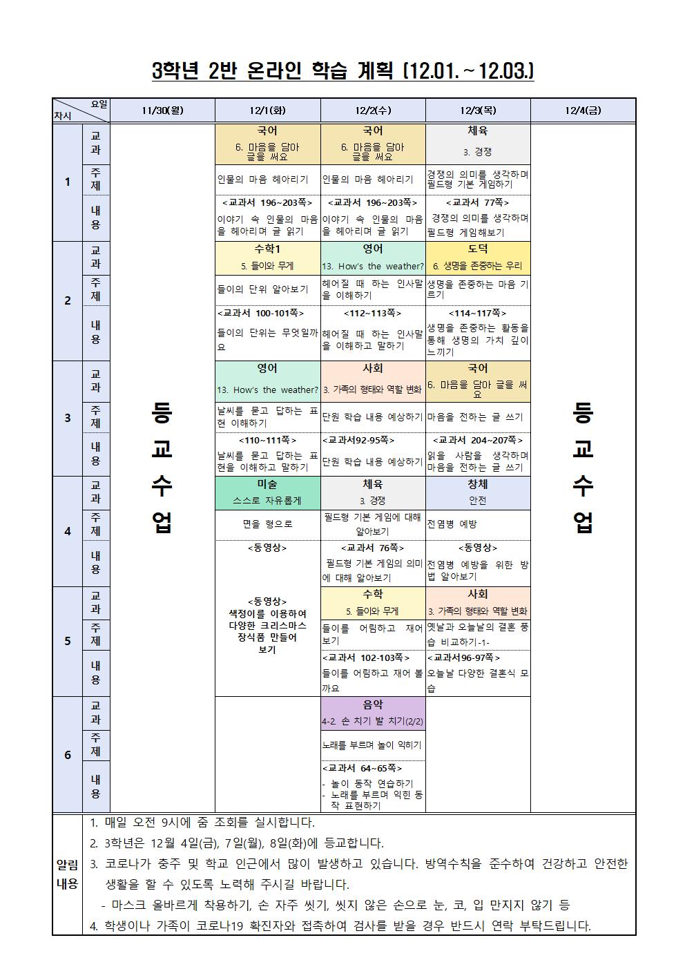 3학년 2반 온라인 학습 계획(12월 1주)001