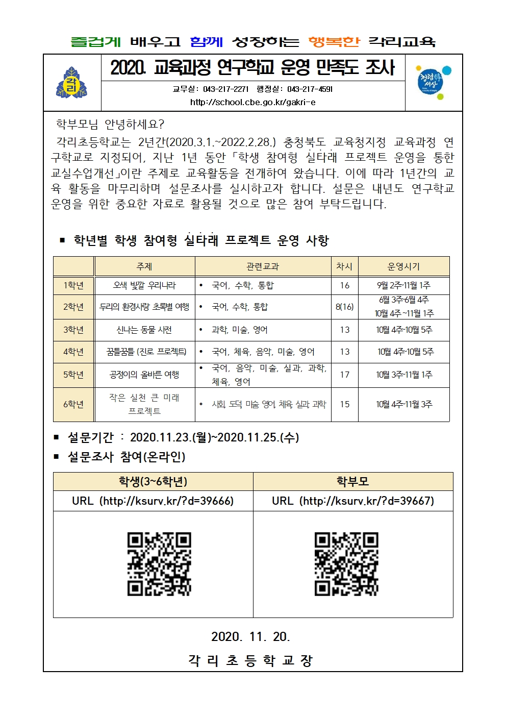 2020. 교육과정 연구학교 운영 만족도 조사 가정통신문001