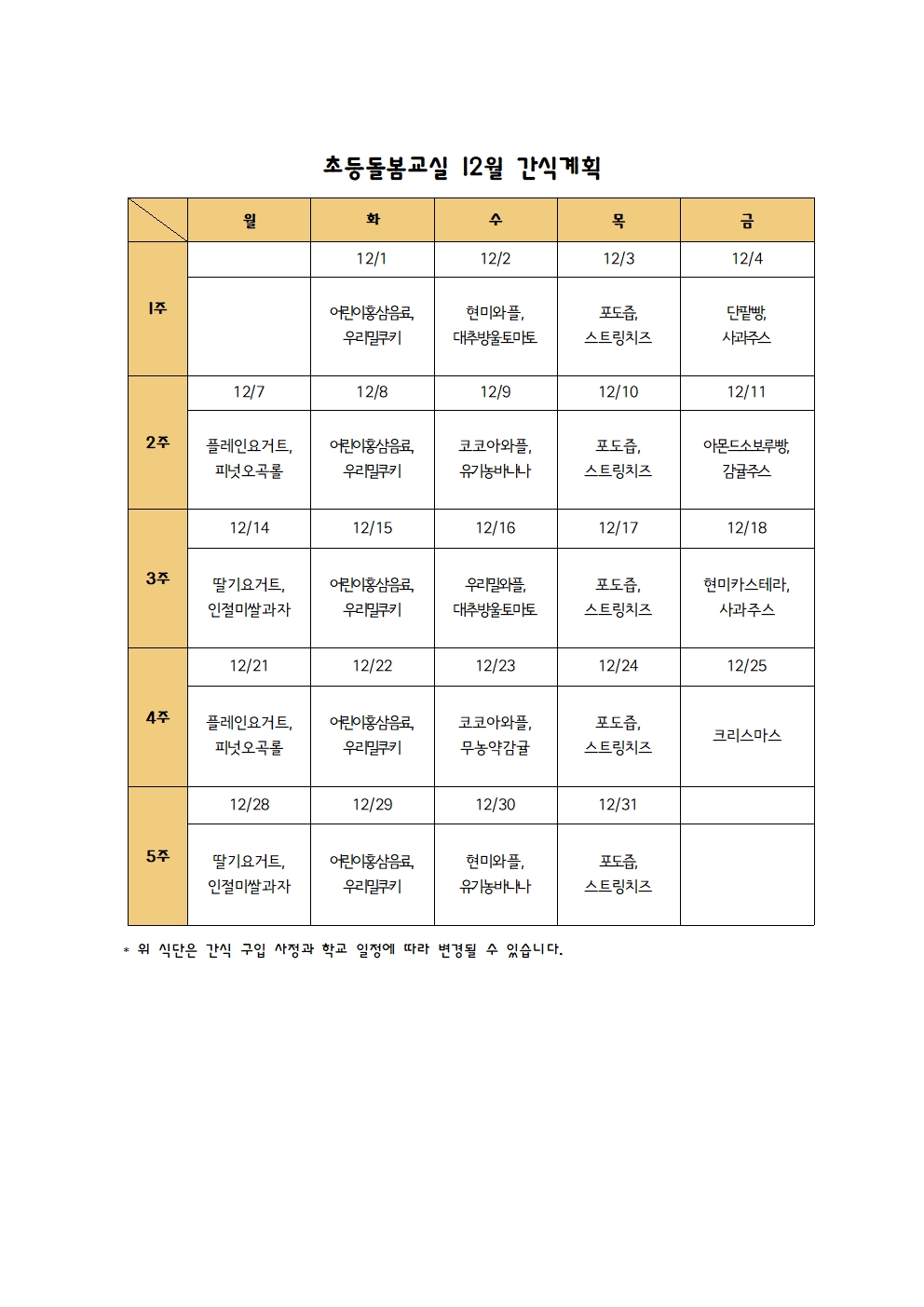 2020년 돌봄교실 12월 간식계획001