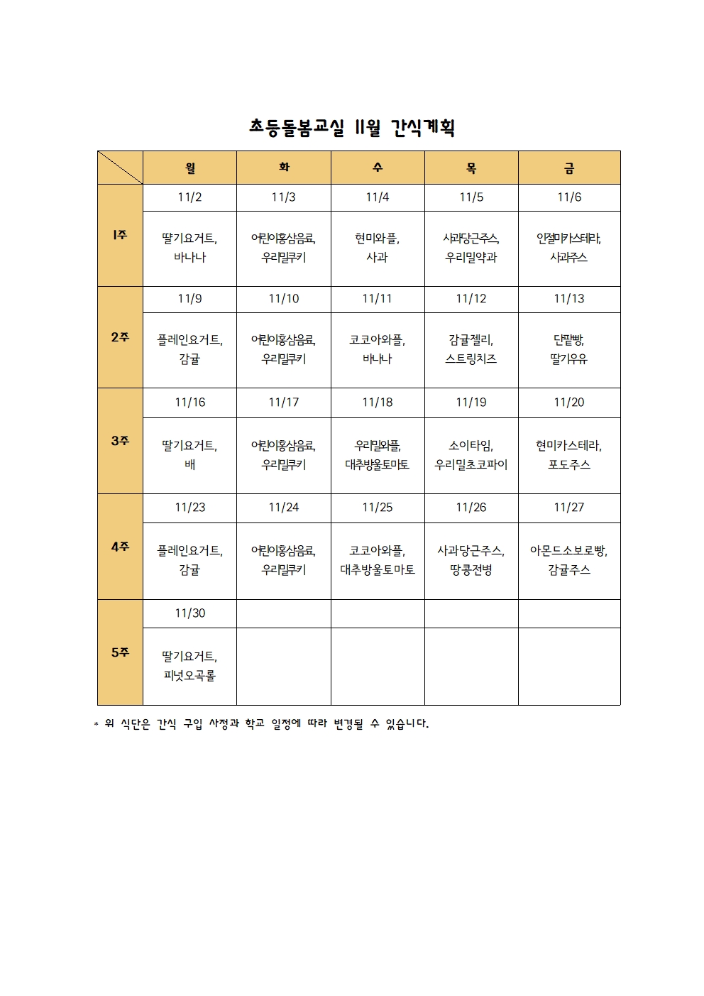 2020년 돌봄교실 11월 간식계획001