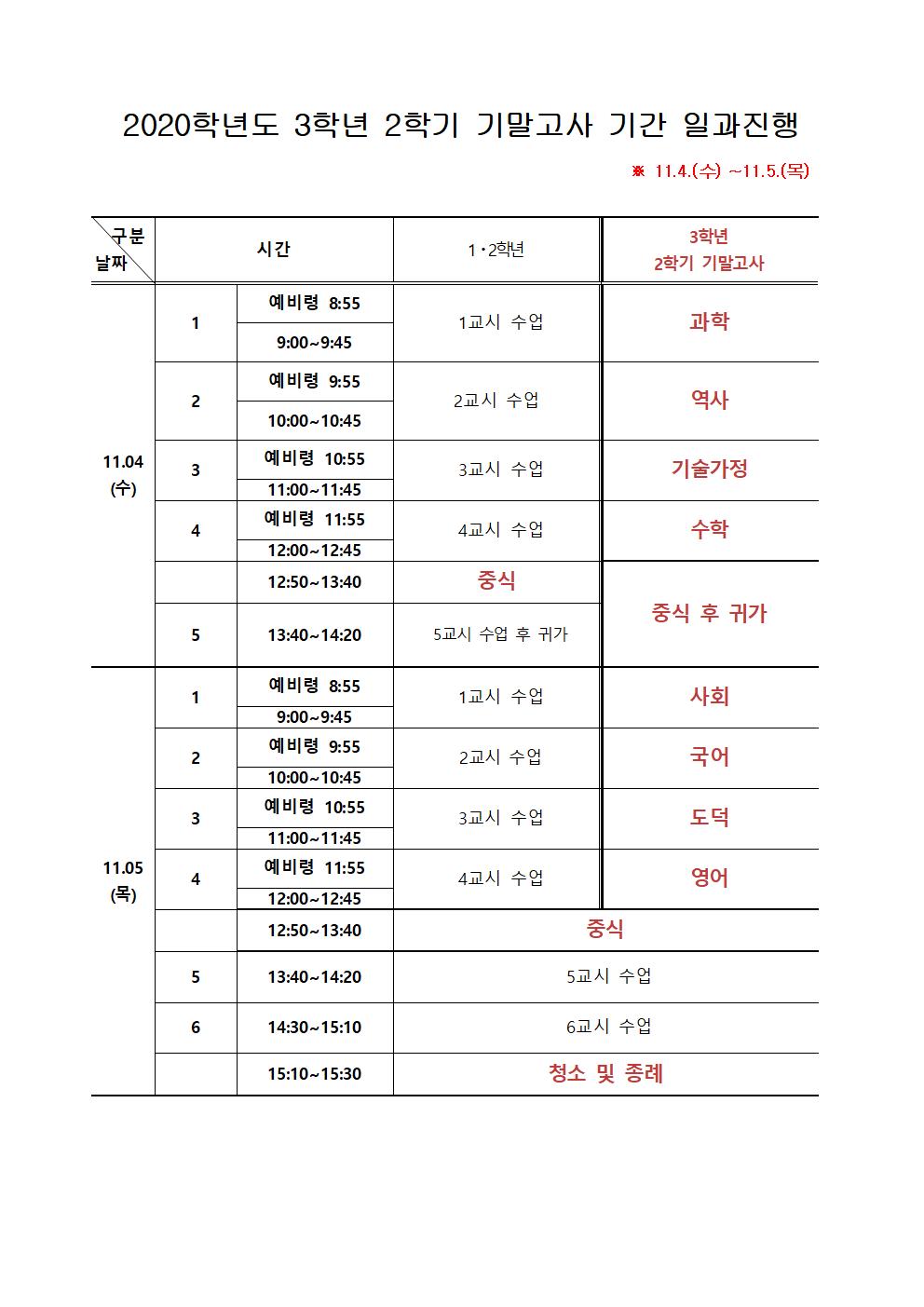 2020학년도 2학기 3학년 기말고사 기간 일과진행표001