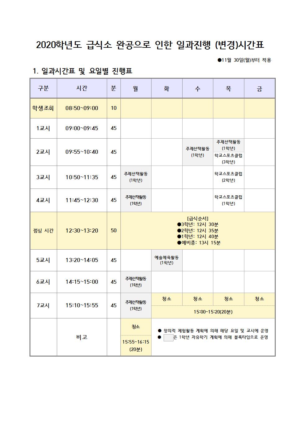 2020학년도  급식소 완공으로 인한 일과진행 (변경)시간표001