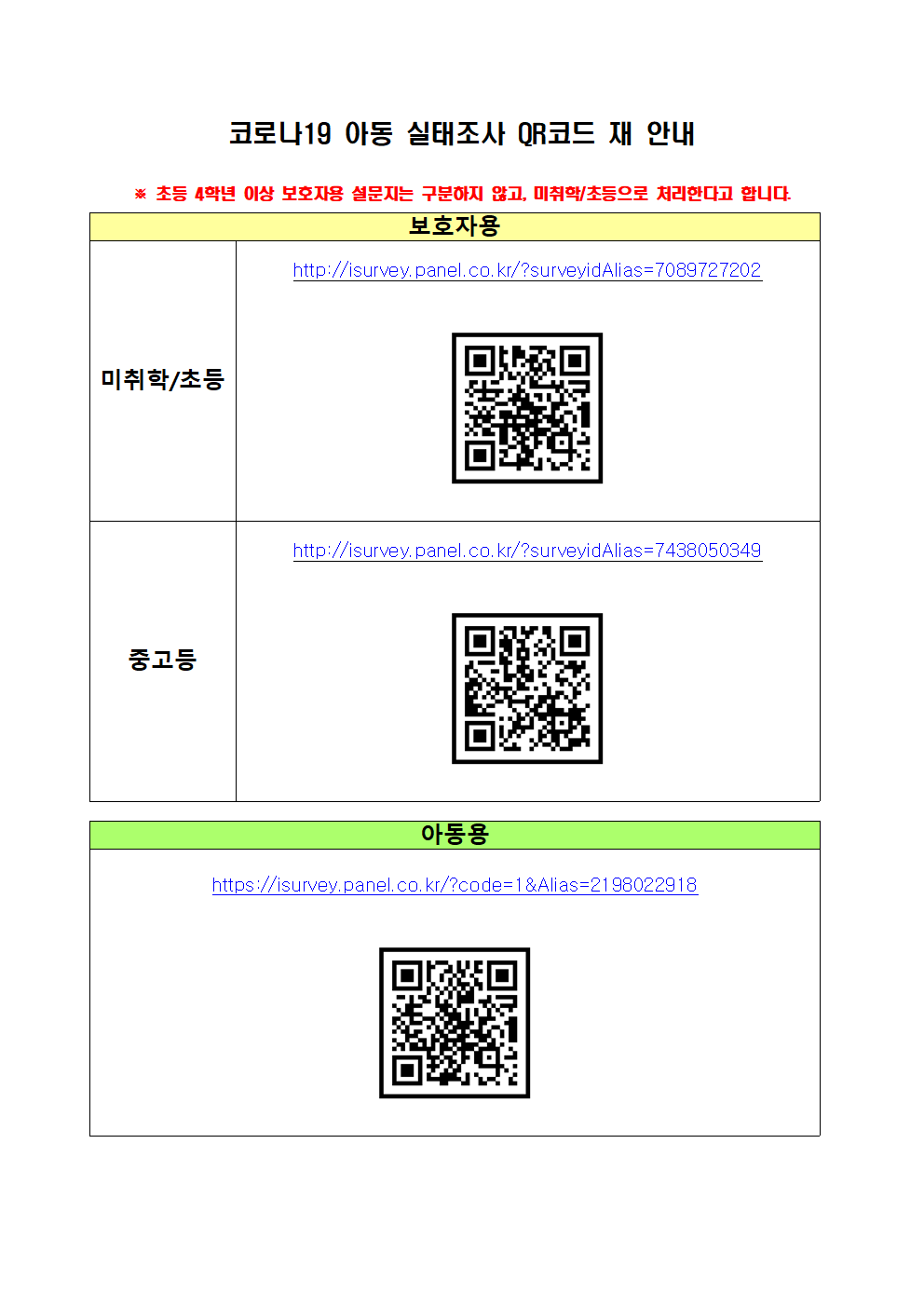코로나19 대응 아동실태조사 설문지 QR코드 재안내001