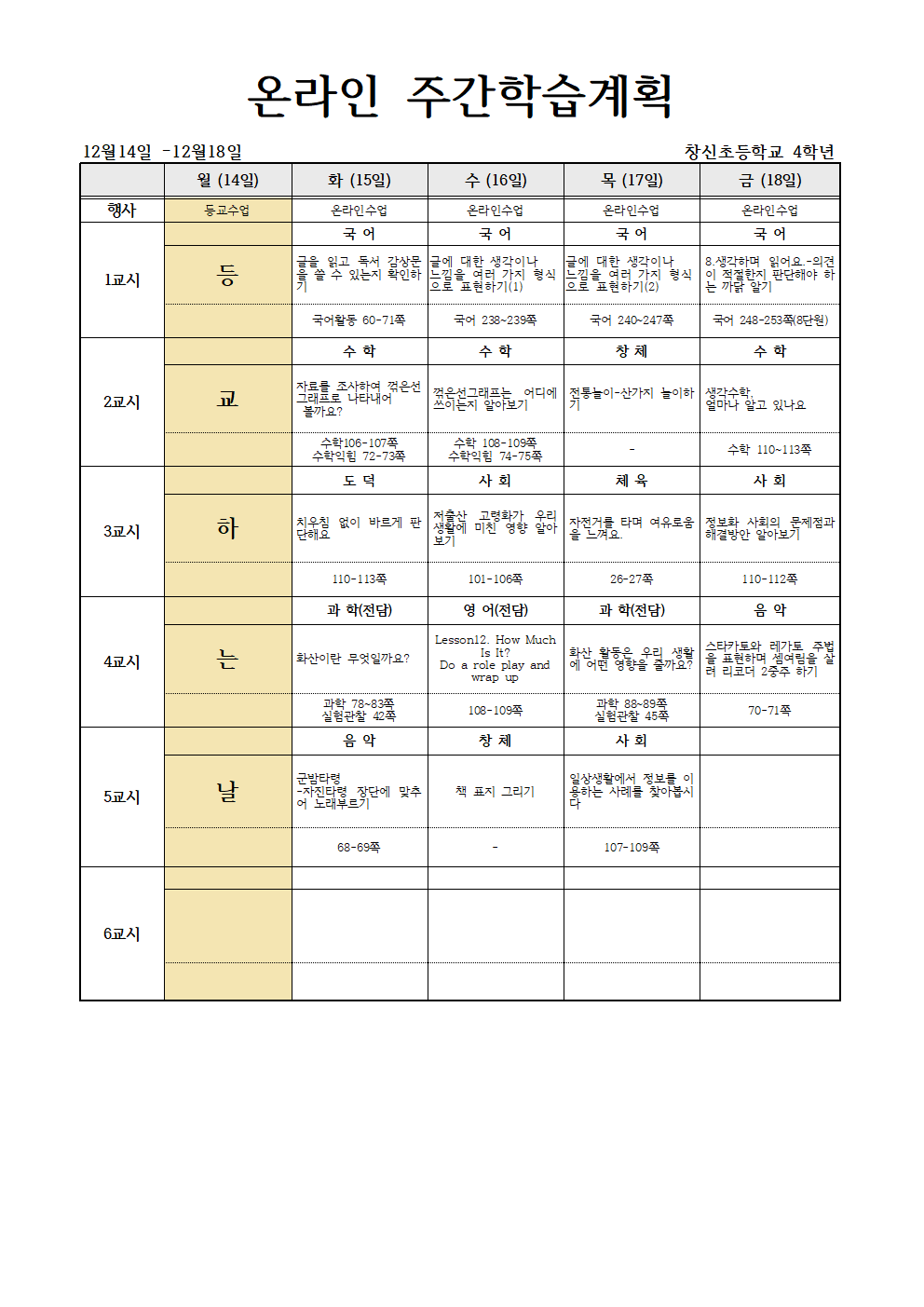 12월14일 -12월18일 온라인 주간학습계획 (4학년)001