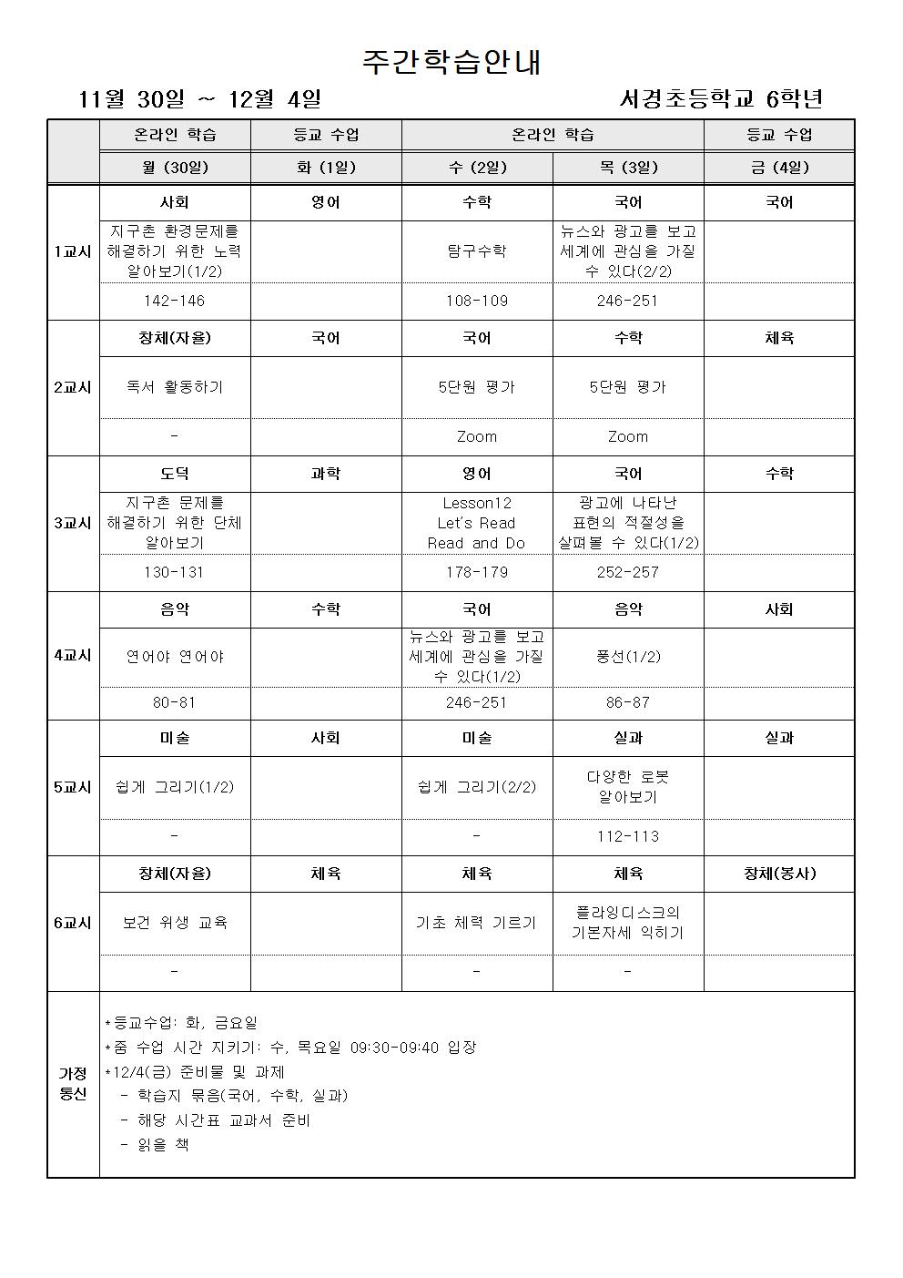 주간학습안내(12월 1주)