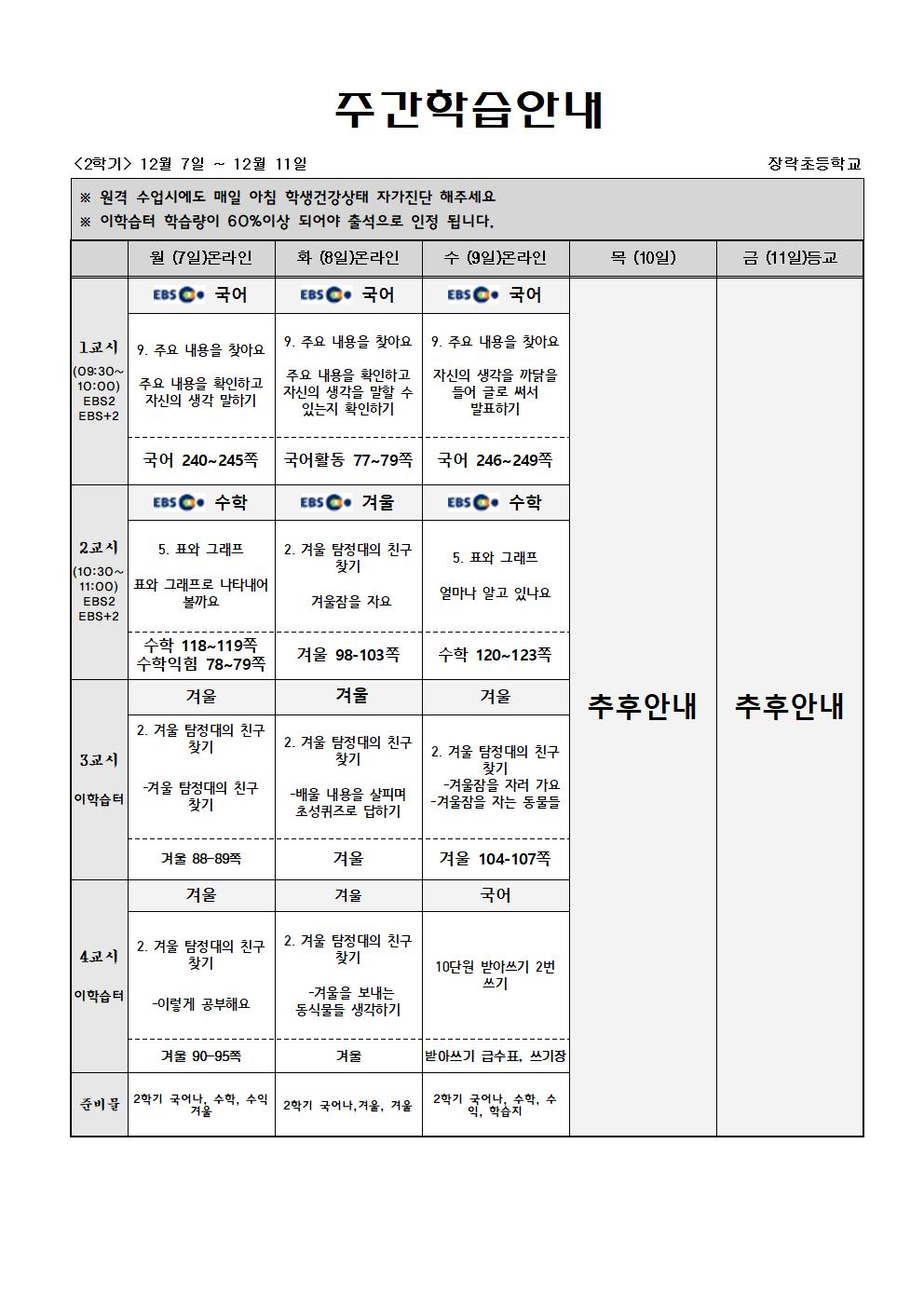 2학년 주간학습 12월7일-12월11일(학부모용)12.9001