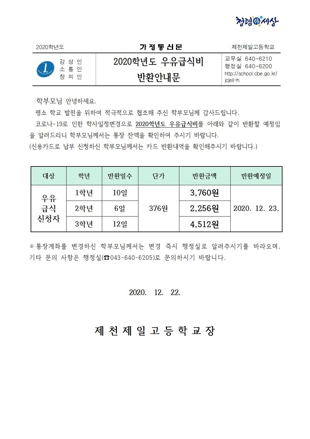 2020학년도 우유급식비 반환안내문001