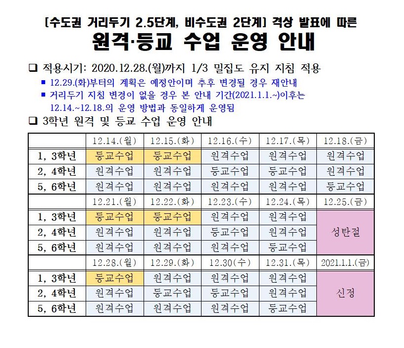 원격-등교수업 운영 일정 변경 안내(201214)001