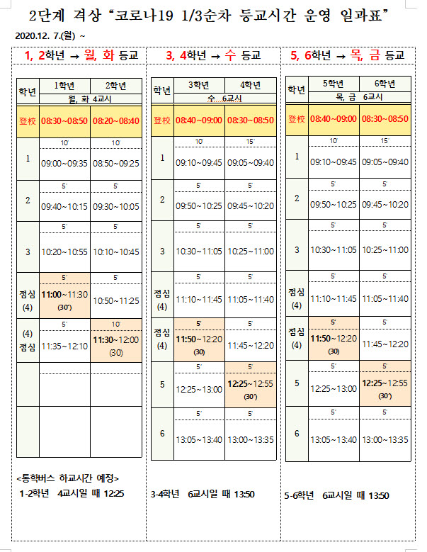 등교시간 운영일과표