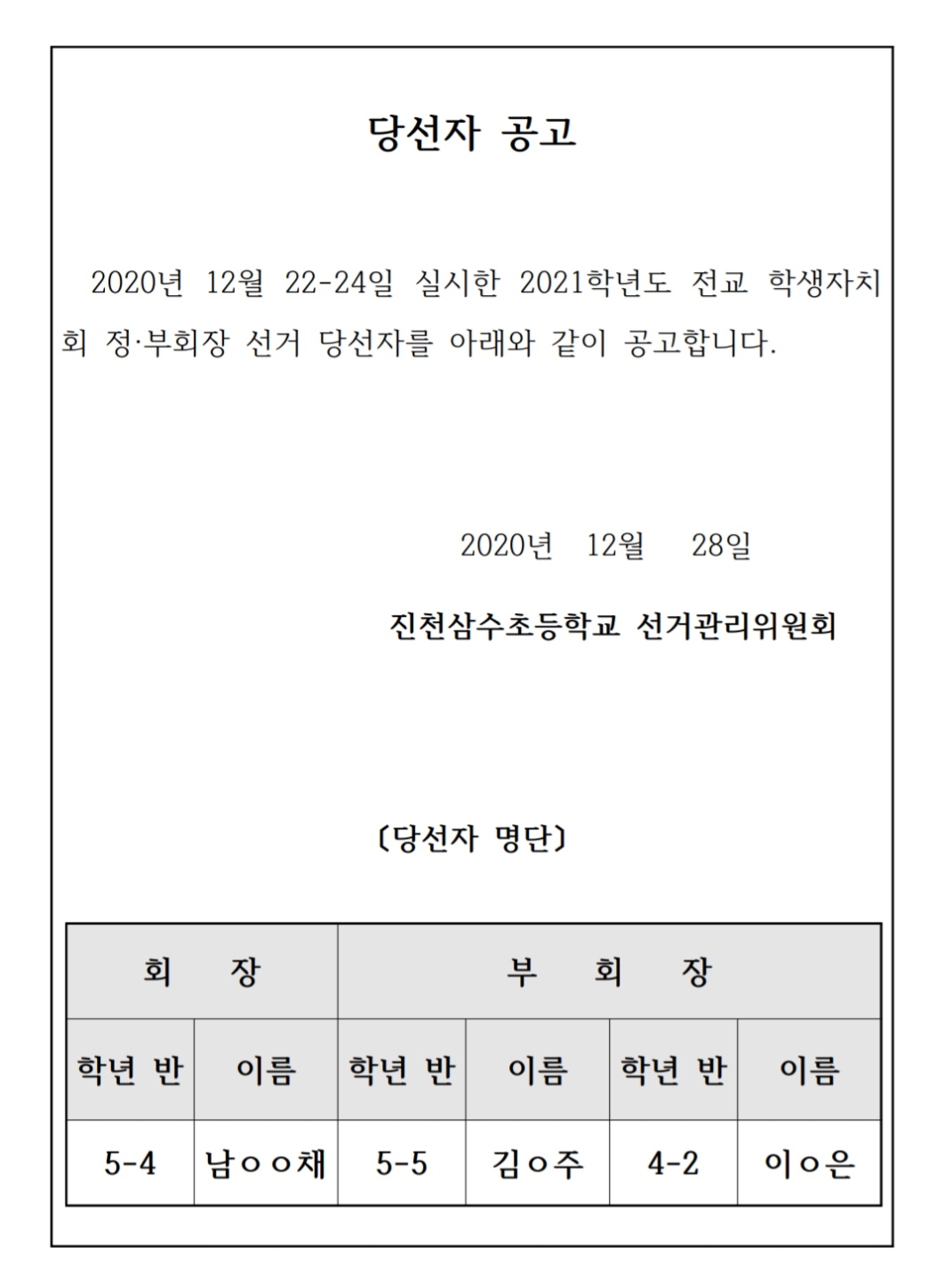 2021학년도 전교 학생자치회 정부회장 당선자 공고