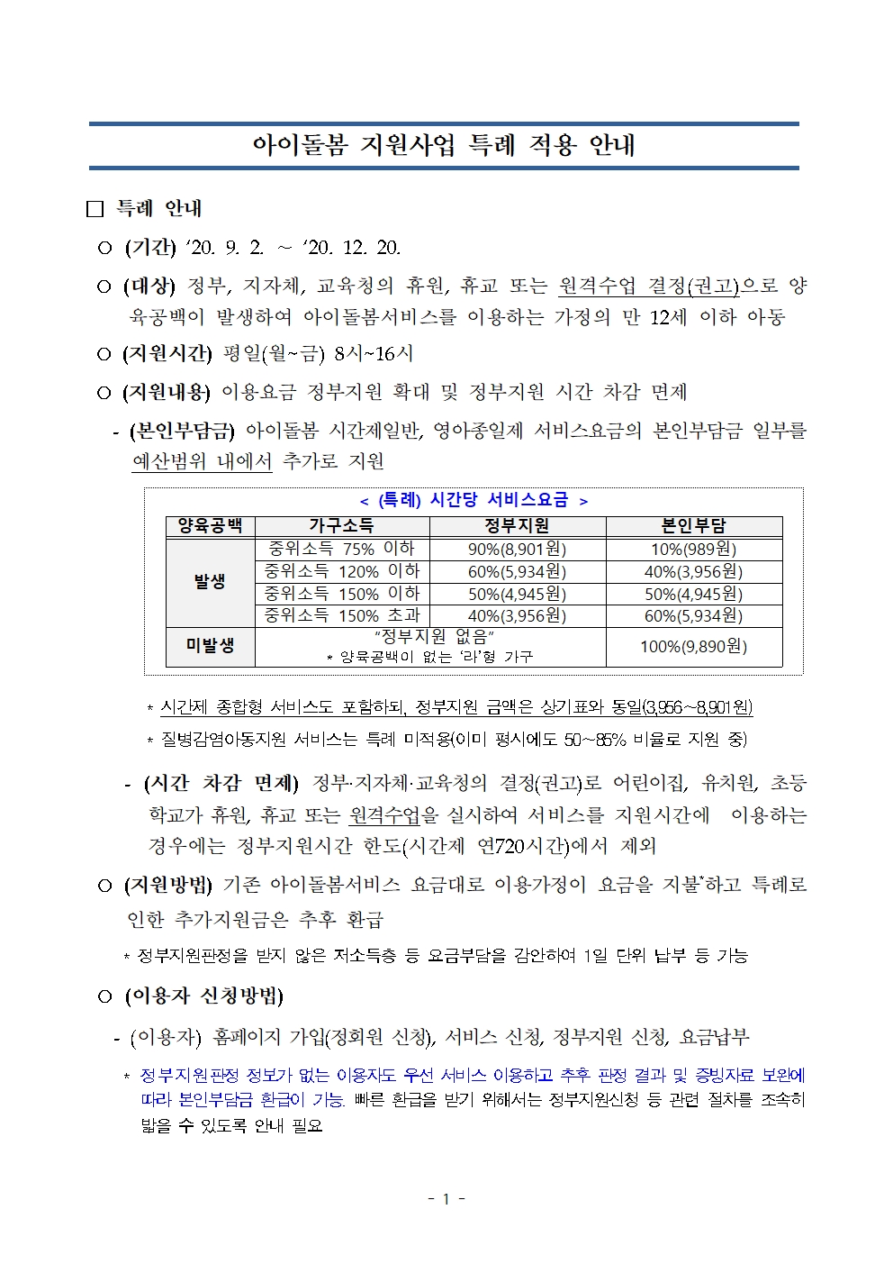 아이돌봄지원사업 특례 적용 지침001