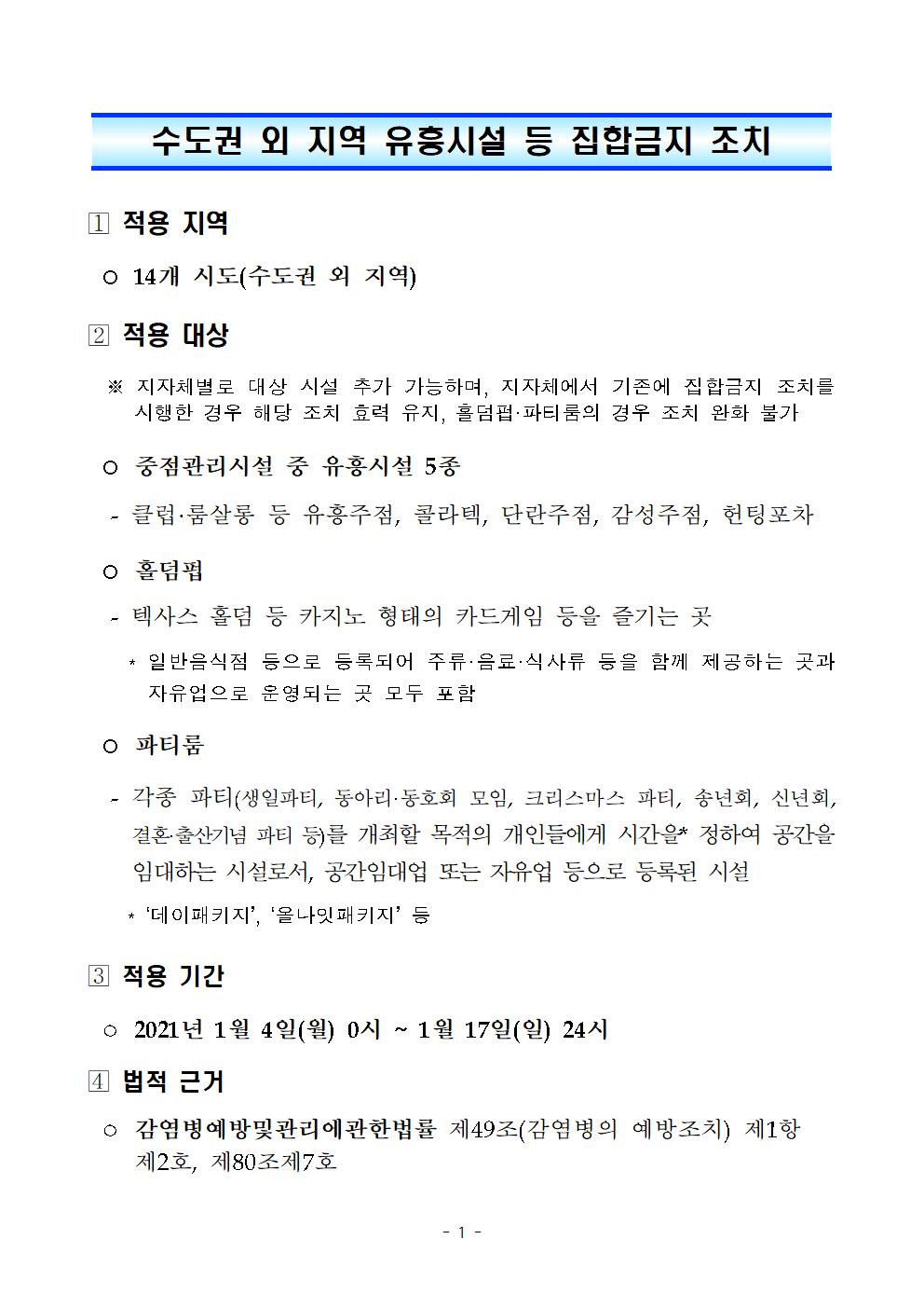 (붙임2) 수도권 외 지역 유흥시설 집합금지 조치001