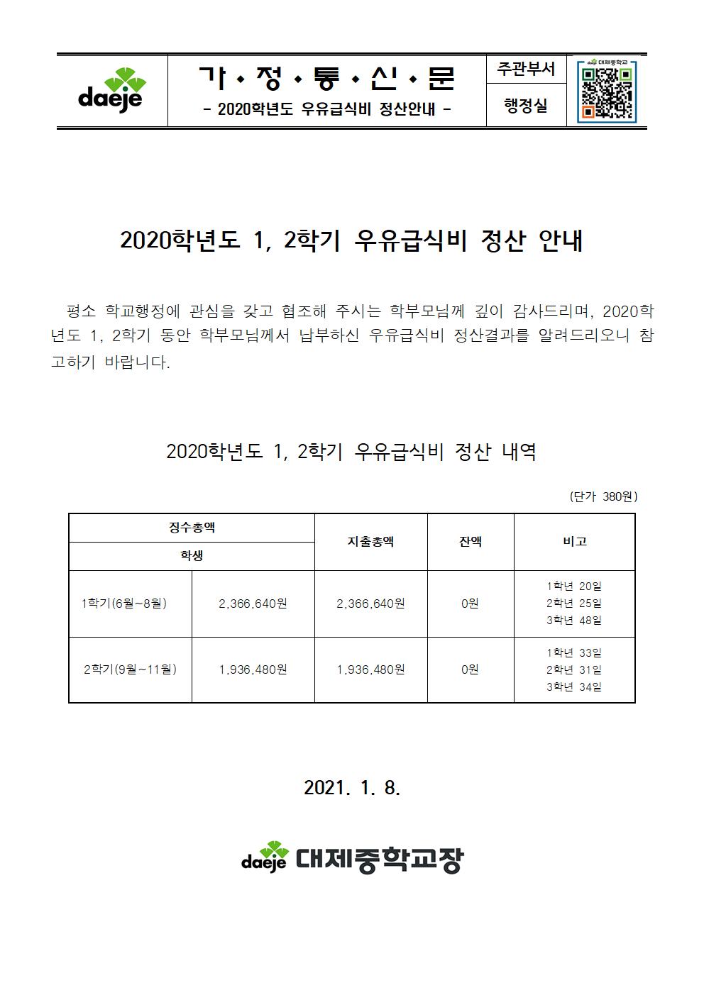 [가정통신문] 2020학년도 우유급식비 정산안내