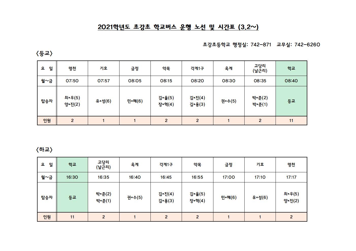 2021학년도 초강초 학교버스 운행 노선 및 시간표 001