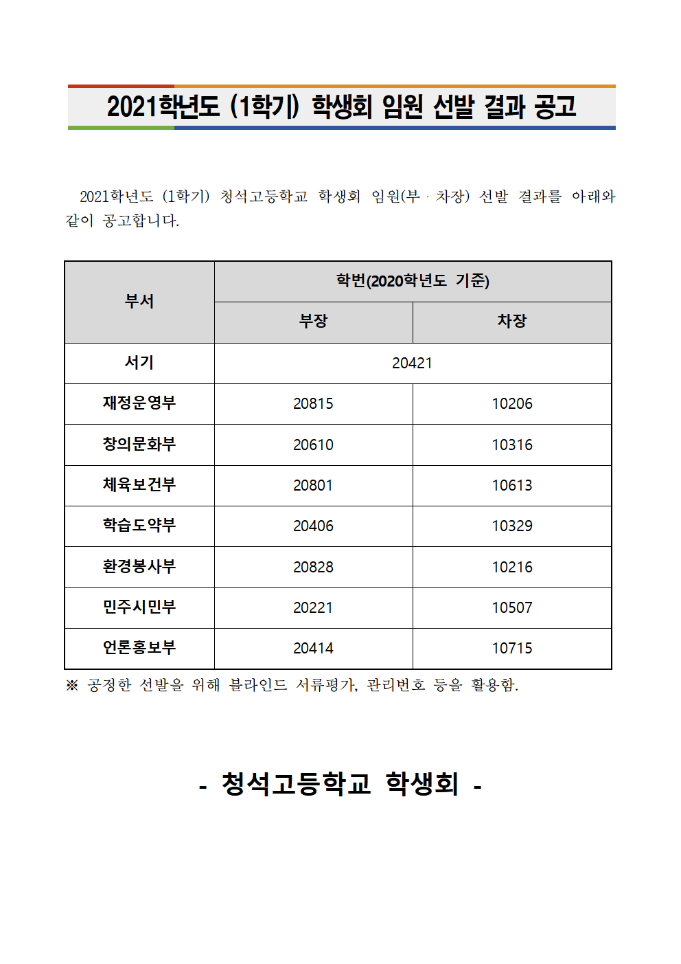 2021학년도 (1학기) 학생회 임원 선발 결과 공고001001